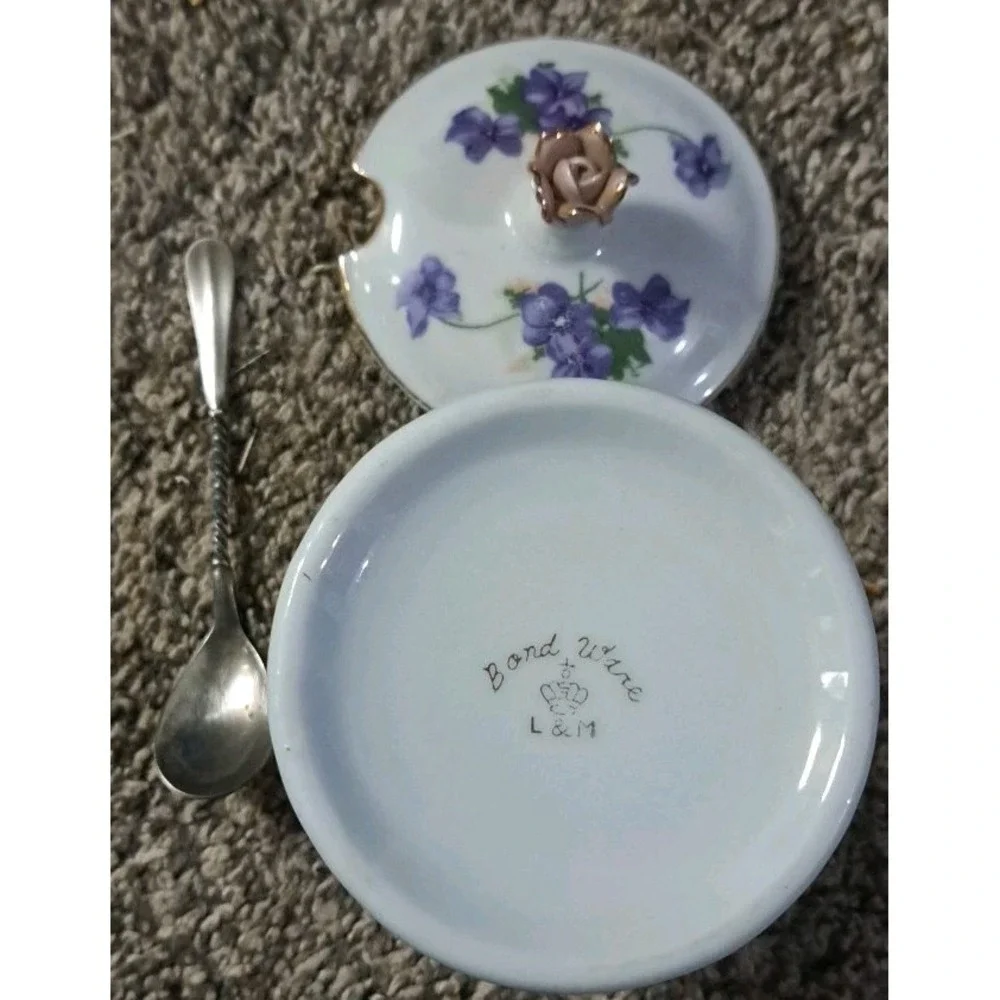 Vtg 2 PC Bond Ware L&M Jam J We ll Condiment Jar‎ W Lid W Serving Spoon Violets